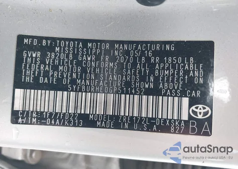 2016 Toyota Corolla S Plus z USA, uszkodzony, nr VIN 5YFBURHE0GP511452